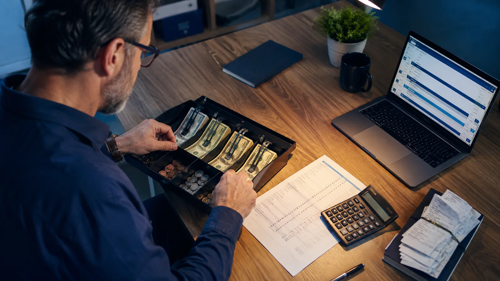 A retailer reconciling a cash drawer with business records