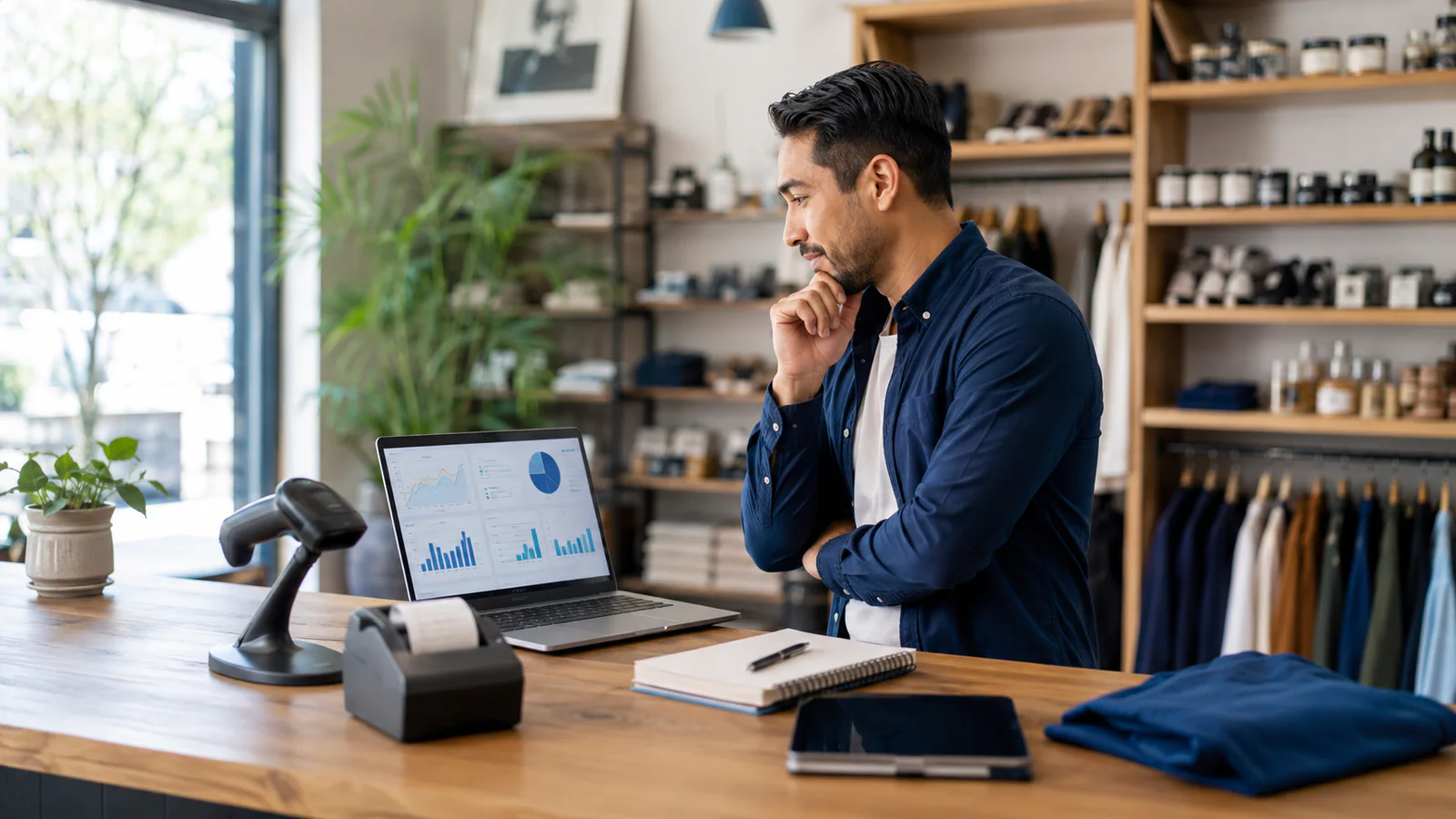 A small-shop owner evaluating point-of-sale software at the counter