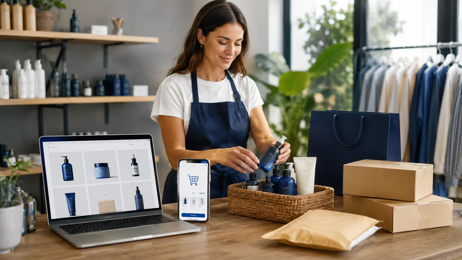 A local business owner preparing products for an online shop