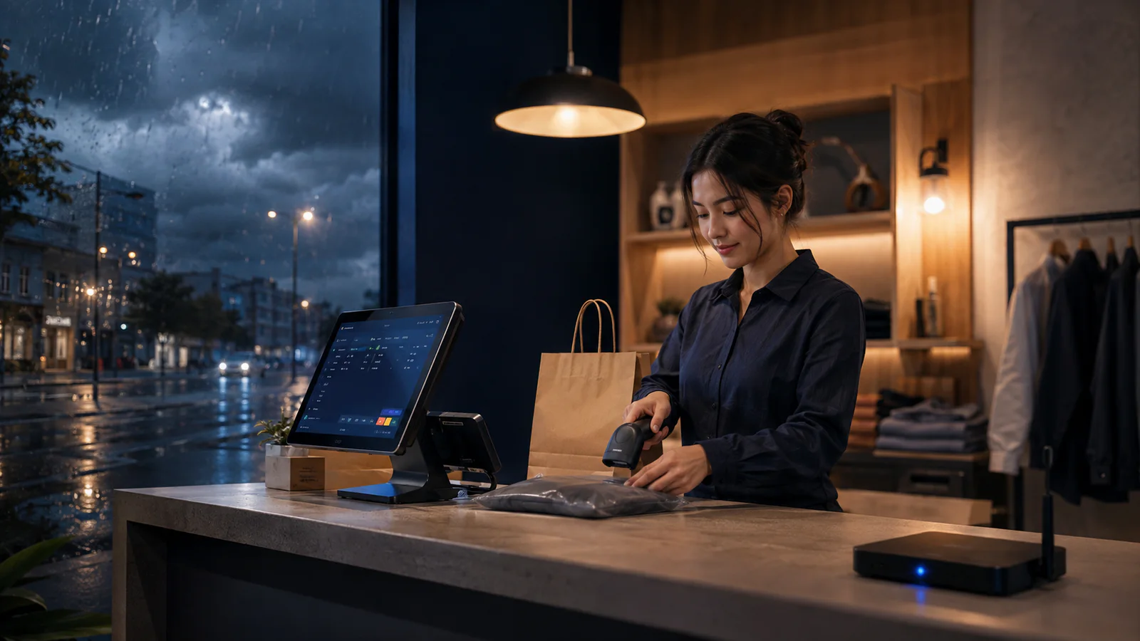 A cashier continuing a sale during unreliable weather and connectivity