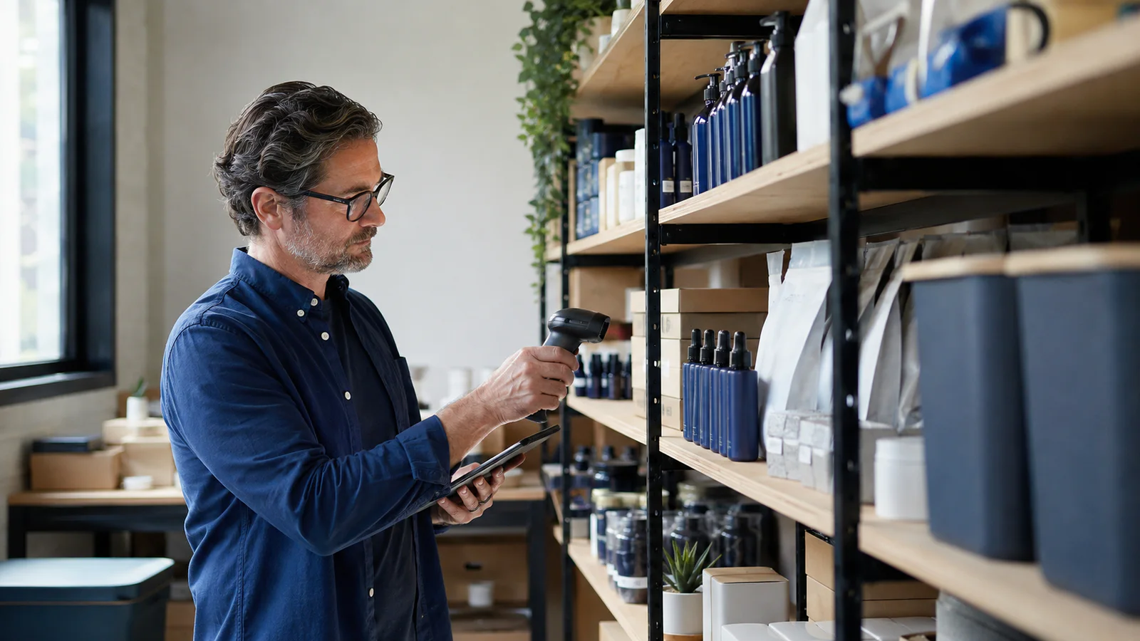 A shop owner scanning and organizing products in a stockroom