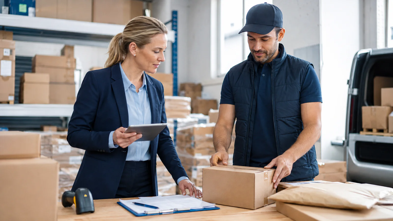 A manager checking delivered goods against purchasing records