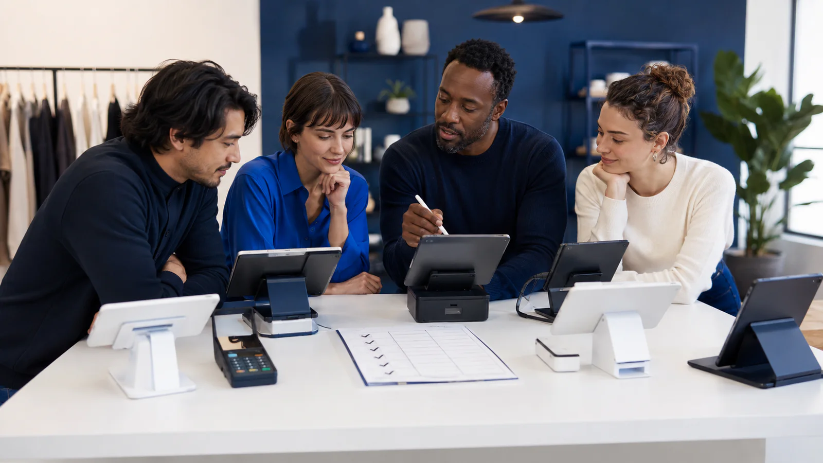 A business team comparing several point-of-sale terminal options