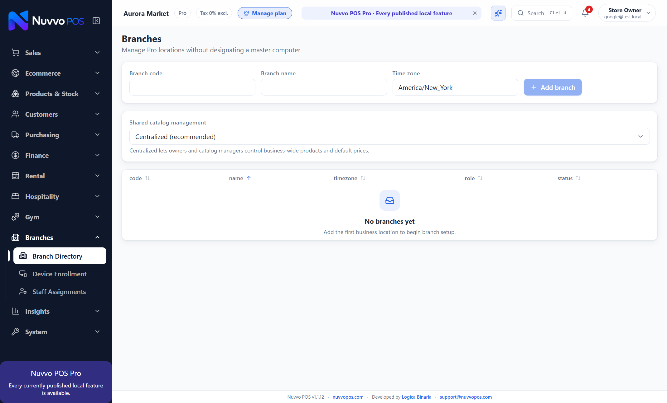Multi-Branch Operations screen in Nuvvo Omni